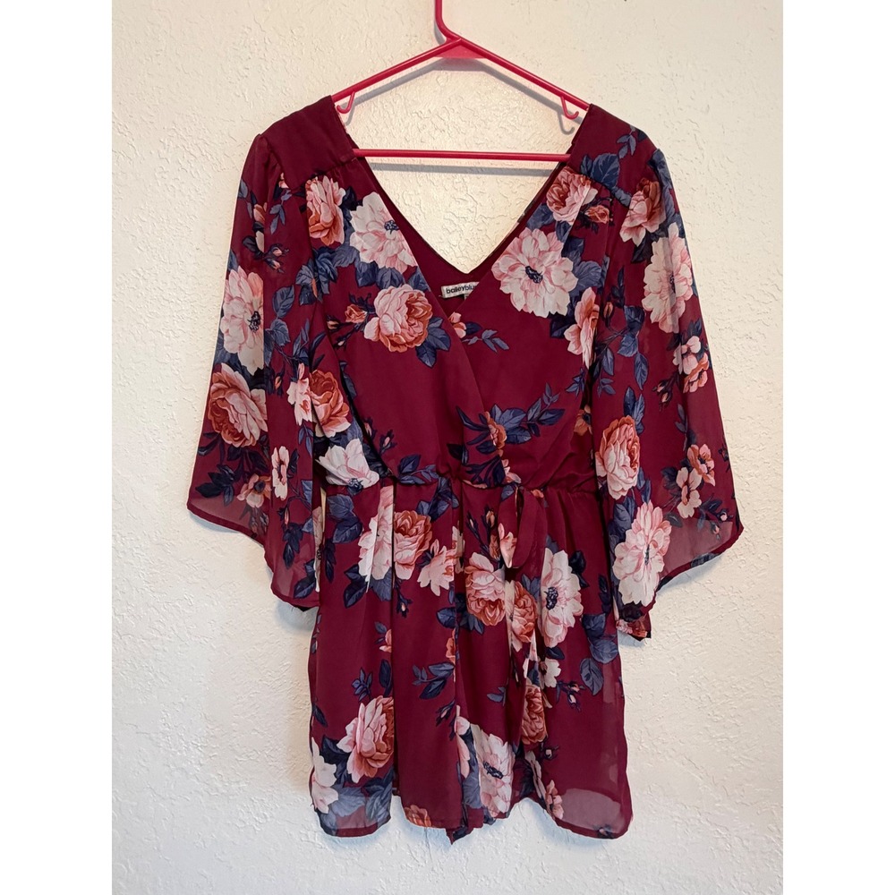 Bailey Blue Burgundy Floral Chiffon Bell Sleeve Romper 4EJ4F0624 Medium